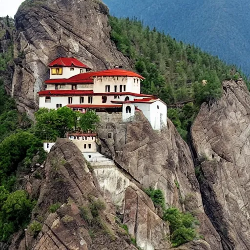 Prompt: a monastery on the rocks of a mountain, like the name of the rose