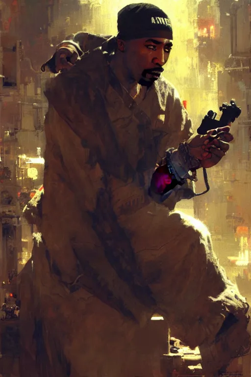 Prompt: 2 pac playing playstation, portrait dnd, painting by gaston bussiere, craig mullins, greg rutkowski, yoji shinkawa