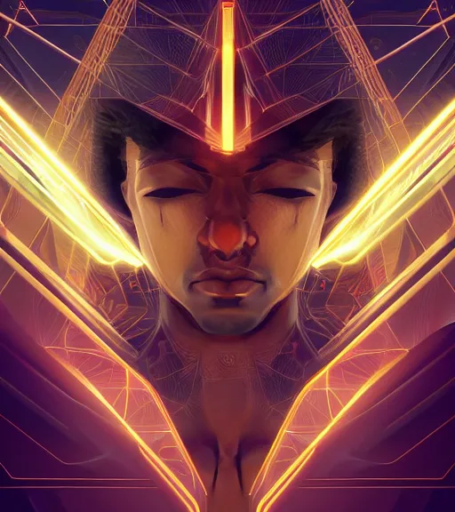 Image similar to symmetry!! egyptian prince of technology, solid cube of light, hard edges, product render retro - futuristic poster scifi, lasers and neon circuits, brown skin man egyptian prince, intricate, elegant, highly detailed, digital painting, artstation, concept art, smooth, sharp focus, illustration, dreamlike, art by artgerm