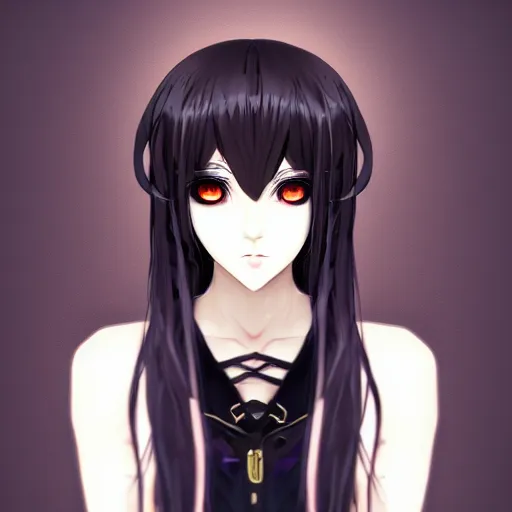 Image similar to front-facing headshot of a young gothic anime woman with black hair and golden highlights, wearing pretty makeup, drawn by WLOP, by Avetetsuya Studios, anime portrait, trending on artstation