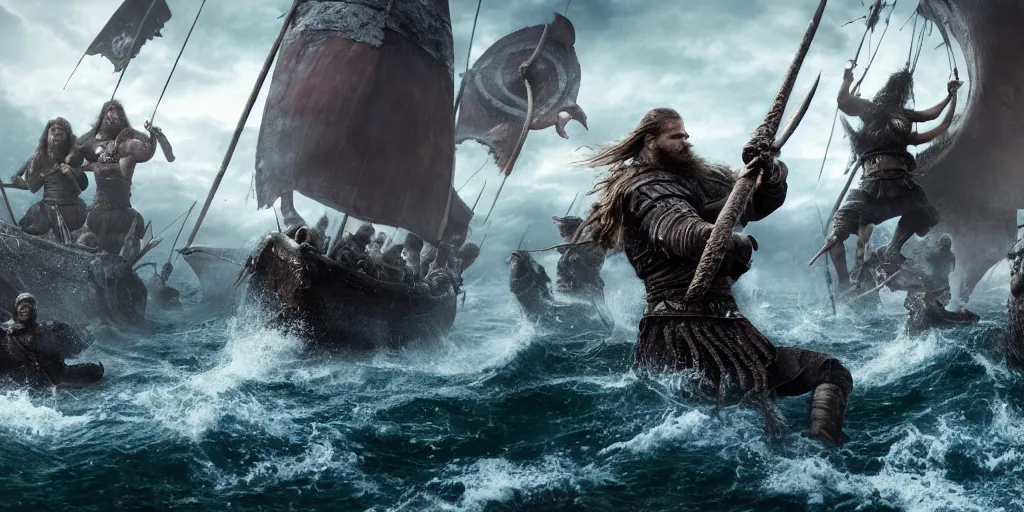 Image similar to Vikings versus the kraken, the last stand, Epic Background, highly detailed, sharp focus, 8k, 35mm, cinematic lighting