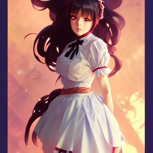 Prompt: anime girl in a maid costume, digital art, sharp focus, attractive features, fullbody portrait, slim figure, illustration, artstation, art by Artgerm and Greg Rutkowski and Alphonse Mucha, UHD