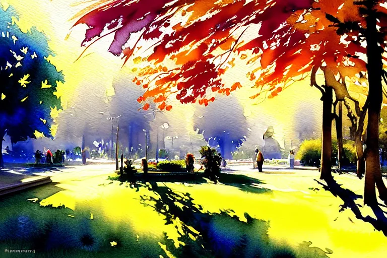 Image similar to small centered on watercolor paper, paint brush strokes, abstract watercolor painting of city park, daylight, shadows, foliage, sunlight, translucent leaves, cinematic light, national romanticism by hans dahl, by jesper ejsing, by anders zorn, by greg rutkowski, by greg manchess, by tyler edlin