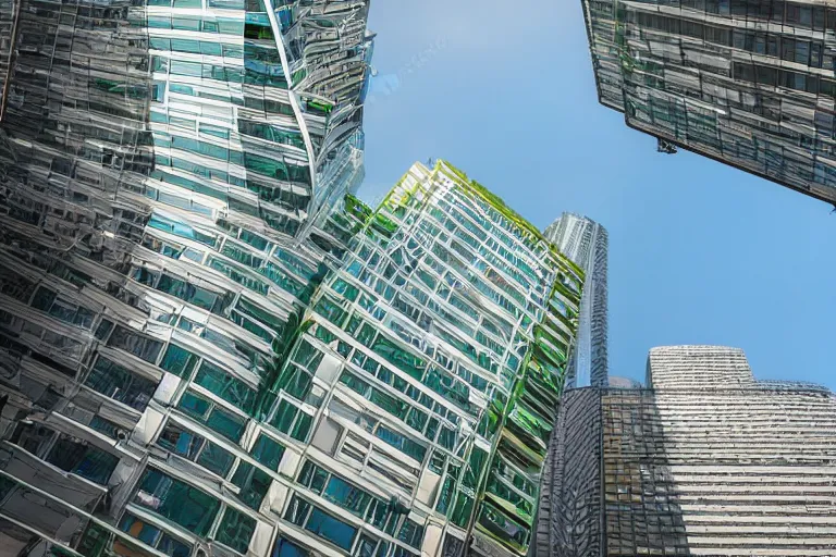 Prompt: architecture photo modern fachwerk ecogreen skyscrapers with Elbrus mountain on the background, architecture, photorealism 8k , shining and happy atmosphere, uplight, high details