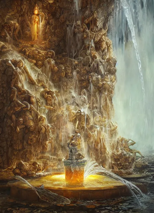 Prompt: fountain of honey in hell, oil painting by tomasz jedruszek, cinematic lighting, pen and ink, intricate line, hd, 4 k, million of likes, trending on artstation