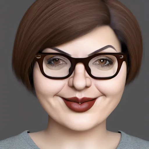 Prompt: portrait of a curvy stocky romanian woman, brown hair, messy bob, straight hair, brown eyes, round nose, low eyes, romanian, laugh lines, round face, round jaw, round nose, white glasses, glasses, big forehead, white reading glasses, librarian, wide shot, digital art, loish, 8 k, trending on artstation