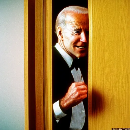 Prompt: A close-up portrait of Joe Biden manically looking through a broken door, film still from The Shining by Stanley Kubrick, Eastman Color Negative II 100T 5247/7247, ARRIFLEX 35 BL Camera