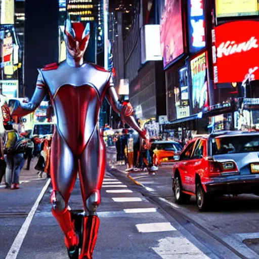 Prompt: ultraman walking on new york street!