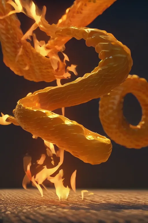 Prompt: a 3d rendered snake spitting fire made of french fries in a mc donalds commercial, 4k sharp, 3d render , cinema4d by Beeple and pixar