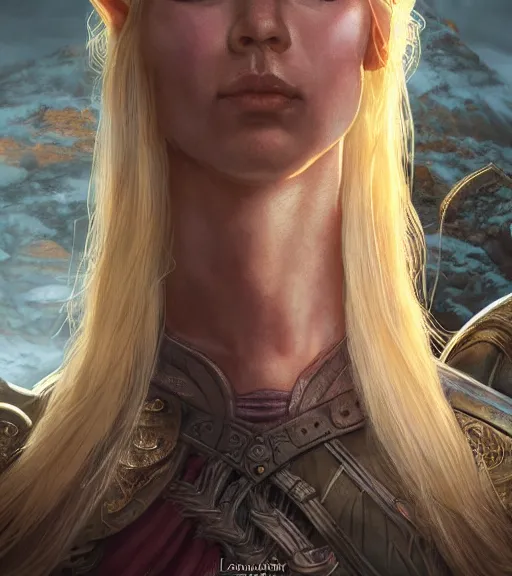 Image similar to the elder scrolls vi a portrait of a blond elven princess warrior portrait near the epic entrance to a city, atmospheric lighting, painted, menacing, intricate, volumetric lighting, beautiful, ( golden hour ), sharp focus, ultra detailed, by leesha hannigan, ross tran, thierry doizon, kai carpenter, ignacio fernandez rios