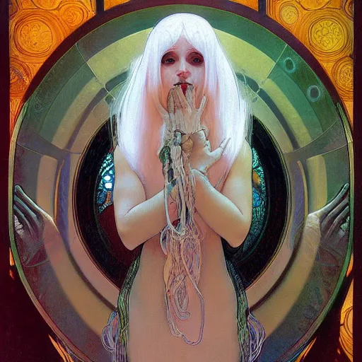 Image similar to portrait of small, rubbery, huge-eyed, big-lipped albino mutant priestess with elaborate white hair by Alphonse Mucha, Beksinski, and Anato Finnstark