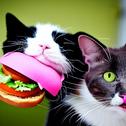 Image similar to photo of a pink cat, biting a hamburger, munching on a hamburger, eating a hamburger, pink cat