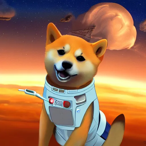 Prompt: cute shiba in an astronaut suit steering a flying ship, treasure planet style, digital art, 4 k, realistic, vivid colors