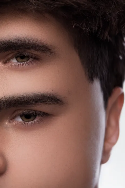 Image similar to close up headshot of an androgynous Hispanic teen male with medium length slightly wavy black hair a wide smile brown eyes a small nose tidy plucked eyebrows dark brown eyes and a diamond shaped face, high resolution film still, 8k, HDR color, gazing dark brown eyes, high cheek bones, trimmed eyebrows