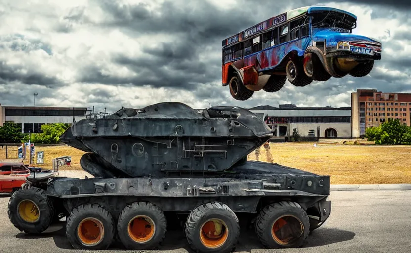 Prompt: monster truck schoolbus tank with turret in front of a school, dystopian, imax, dramatic clouds