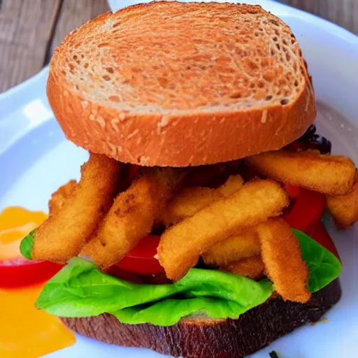 Image similar to sandwich with fried tofu, also one tomato slice, two onion rings, avocado and cheddar, over a dish, with a sunset background and saturn and stars in the sky, amazing light