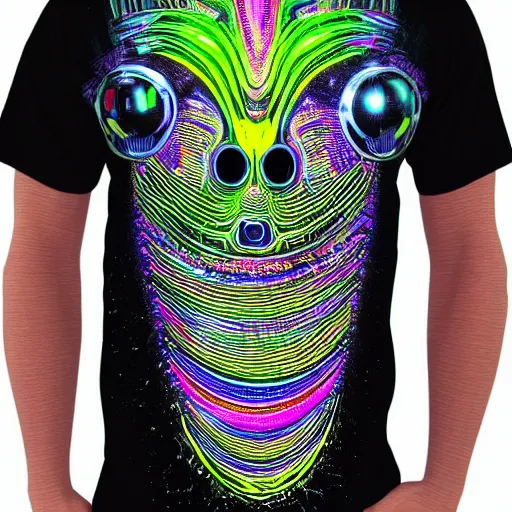 Image similar to photo of a black tshirt with a hyperdetailed trippy futuristic robot head, 8 k, symetrical, flourescent colors, multicolored tshirt art,