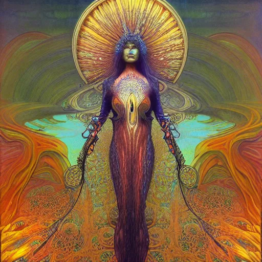 Prompt: queen of the galaxy by zdzisław beksinski, alphonse mucha. highly detailed, hyper - real, very beautiful, intricate fractal details, epic, mysterious, polished, futuristic design, trending on deviantart and artstation