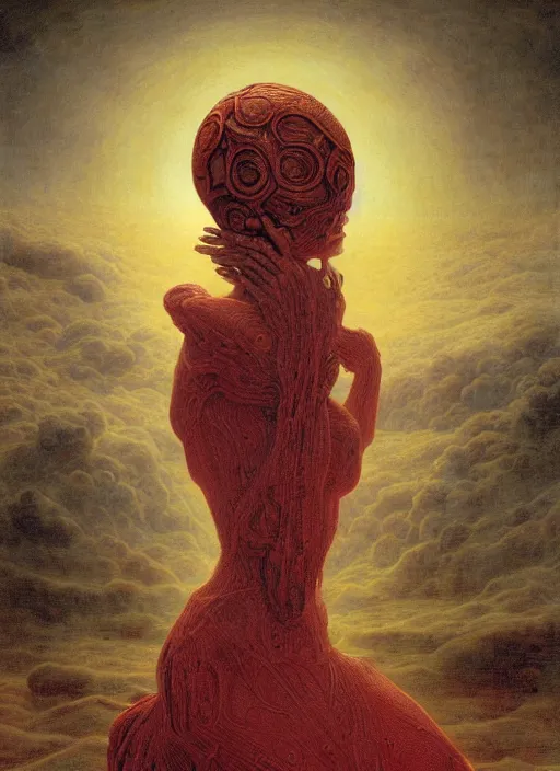 Prompt: Woman masterpiece, red, golden halo behind her head, by Edgar Maxence and Ross Tran, Zdzisław Beksiński, and Michael Whelan, distant, gustav dore, H.R. Giger, 8k, octane render