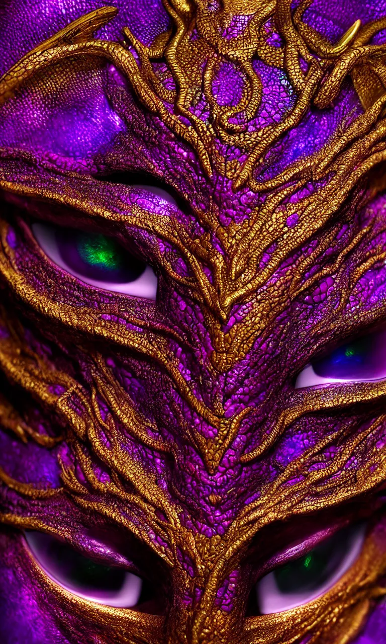 Prompt: purple and gold face of a dragon, symmetrical, ruby eyes, iridescent scales, hyperrealistic octane render 8 k, fantasy concept art