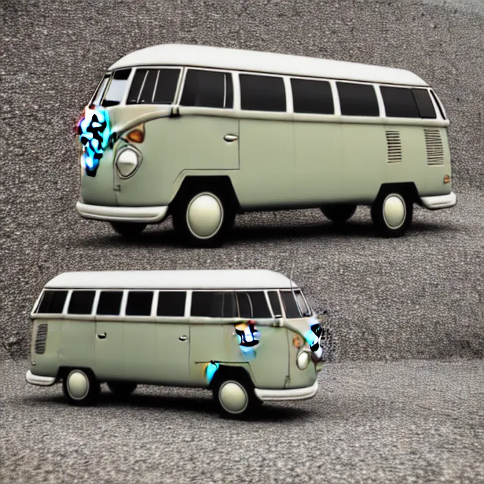 Prompt: ultra - realistic image of an ancient vw bus made of stone