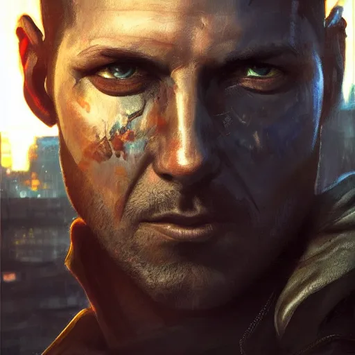 Prompt: cyberpunk, armitage, closeup portrait of an ex soldier with one artificial eye, brown buzzcut, dramatic light, city background, sunset, dystopian setting, high contrast, sharp, neuromancer, painted by stanley lau, painted by greg rutkowski, painted by stanley artgerm, digital art, trending on artstation