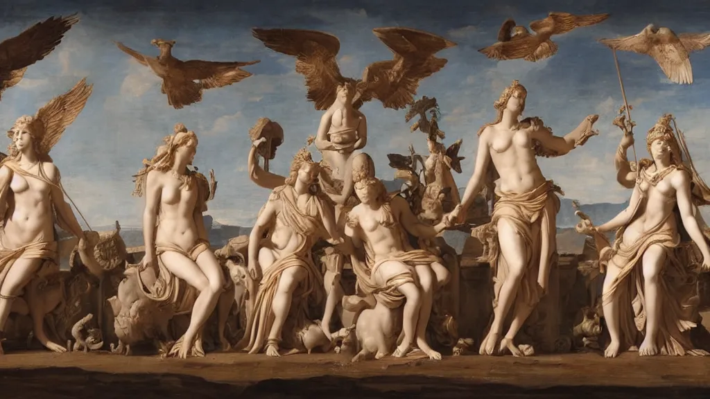 Image similar to The Judgment of Paris; he is sitting at left with Venus, Juno and Pallas Athena, a winged victory above; in the upper section the Sun in his chariot preceeded by Castor and Pollux on horseback; at lower right two river gods and a naiad above whom Jupiter, an eagle, Ganymede, Diana and another Goddess by Greg Rutkowski, Nicolas Bouvier SPARTH, James Paick, WLOP, Artgerm, PIXAR, dramatic moody sunset lighting, long shadows, Volumetric, cinematic atmosphere, Octane Render, Artstation, 8k