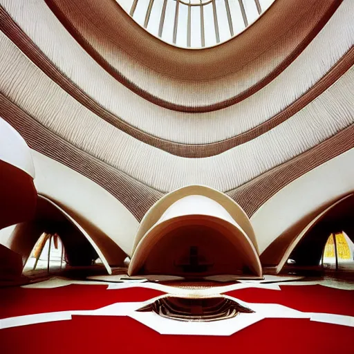 Image similar to interior of a futuristic lotus temple with gold, red and white marble panels, in the desert, by buckminster fuller and syd mead, intricate contemporary architecture with art nouveau motifs, photo journalism, photography, cinematic, national geographic photoshoot