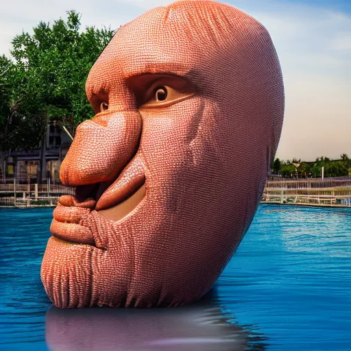 Image similar to a giant inflatable human head with open mouth on realistic water, in the style of chad knight, long shot, hyper detailed, hyper realistic, ray tracing, 8 k resolution, sharp focus, realistic water, award winning