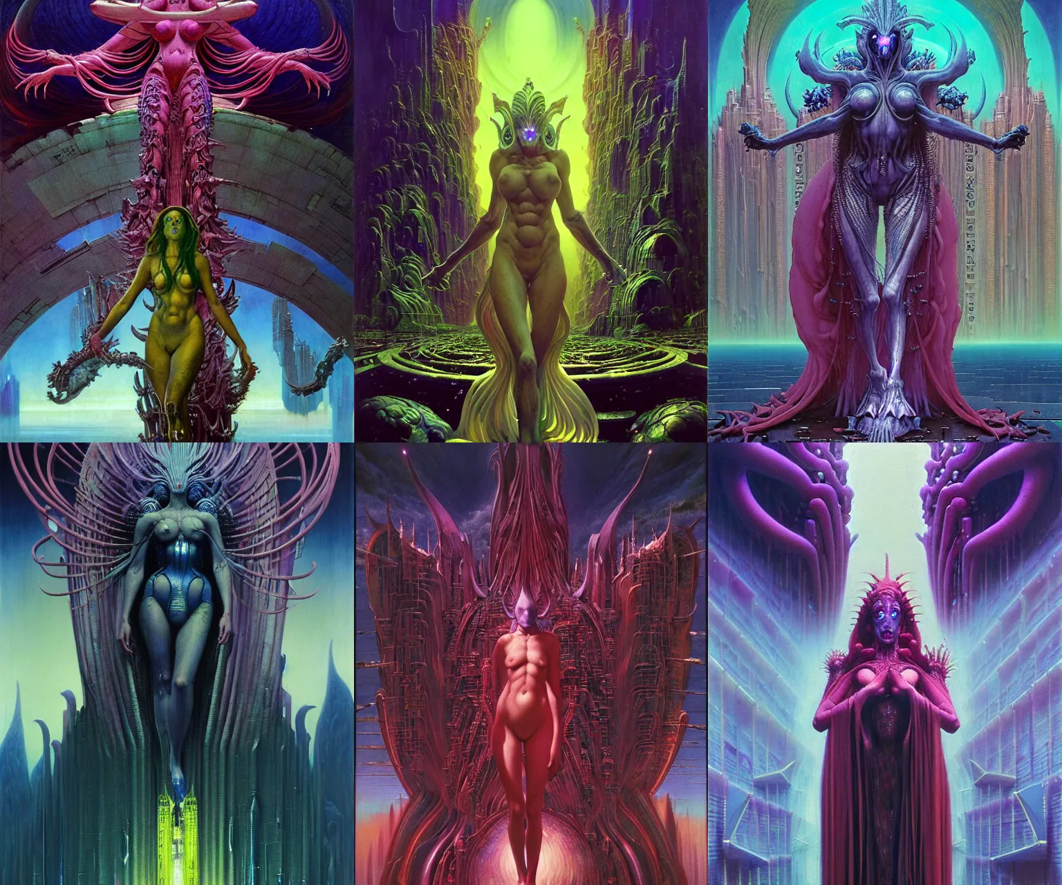 Prompt: A beautiful cinematic portrait of the colossal gothic cyberpunk blockchain demon goddess, by Wayne Barlowe, by Sandro Botticelli, by Paul Lehr, by Bruce Pennington, oil on canvas, masterpiece, trending on artstation, featured on pixiv, cinematic composition, beautiful lighting, sharp, details, details, hyper-detailed, no frames, cyan and green, 8K