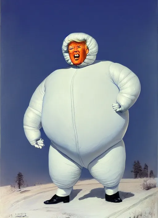 Image similar to donald trump dressed as the michelin man, highly detailed, sharp focus, matte painting, by isaac levitan and asher brown durand,