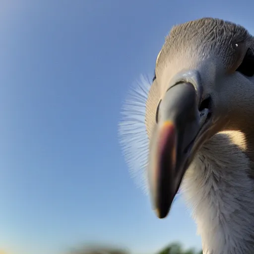 Image similar to fish eye lens photo of a goose’s beak right into the camera, farm