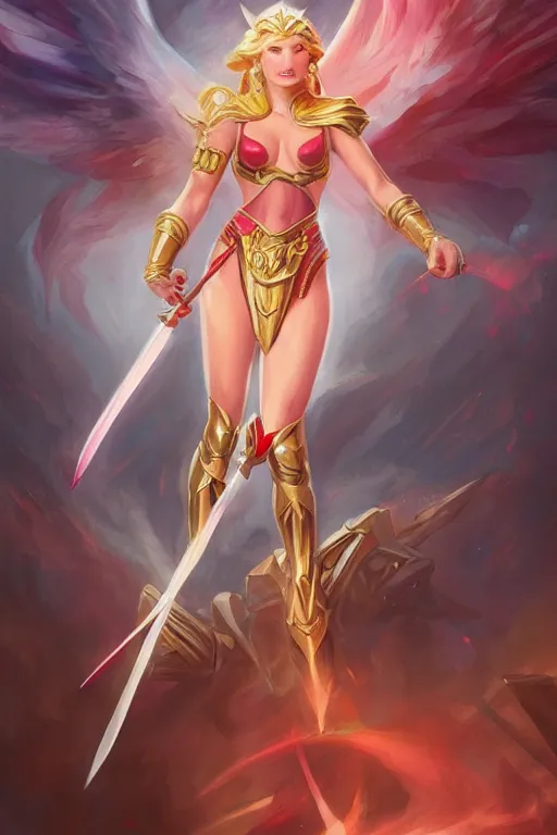 Prompt: she - ra with sword, fantasy, d & d, portrait, highly detailed, big breasts!!, digital painting, trending on artstation, concept art, sharp focus, illustration, art by artgerm and greg rutkowski and mucha and magali villeneuv