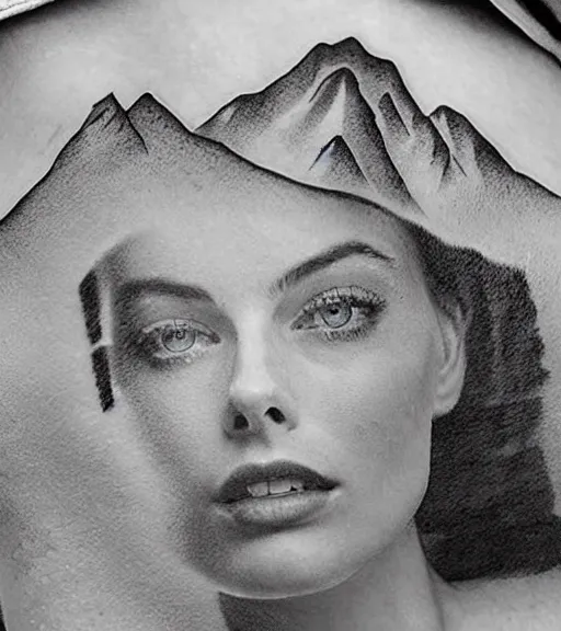 Image similar to creative double exposure effect tattoo design sketch of margot and beautiful mountains and nature, margot robbie, mountain scenery, realism tattoo, in the style of matteo pasqualin, amazing detail, sharp