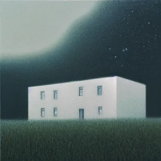 Image similar to painting by by Quint Buchholz, atmospheric cozy futuristic organic white concrete house in the middle of a lush and dense forest at night, a beautiful lake next to it, night time, night sky, starry night sky, by Quint Buchholz