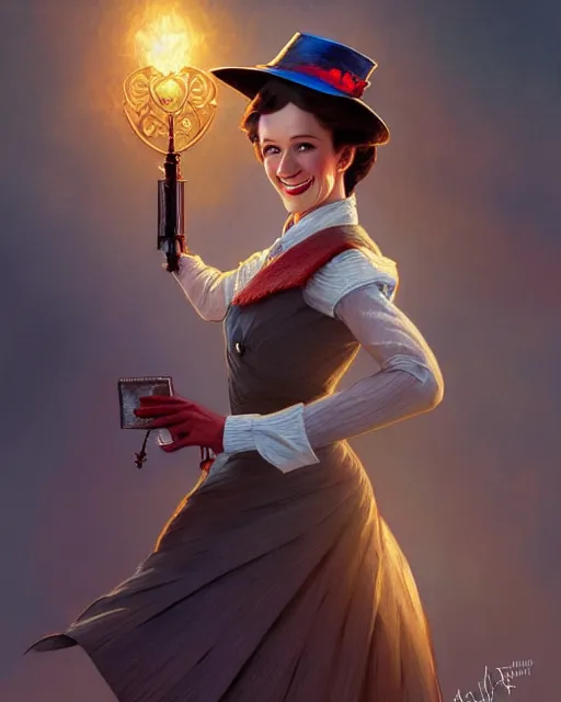 Image similar to Mary Poppins smiling and looking to the side, D&D, fantasy, intricate, elegant, highly detailed, digital painting, artstation, concept art, matte, sharp focus, illustration, hearthstone, art by Artgerm and Greg Rutkowski and Alphonse Mucha