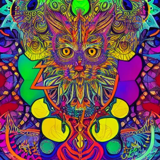 Image similar to psychadelic art of a fantasy wizard in the style of louis wain, bright colours, angular shapes, fractal patterns, geometric, highly intricate, digital art, trending on artstation