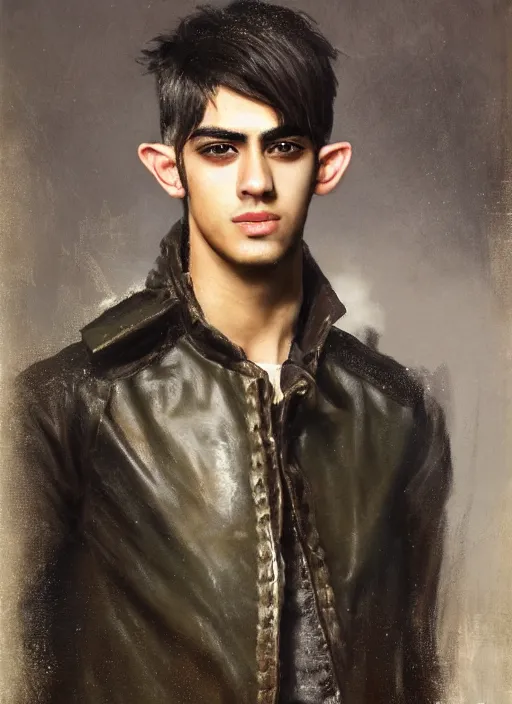 Image similar to head and shoulders portrait painting of young man who looks like zayn malik as an elf by jeremy mann, wearing leather napoleonic military style jacket, only one head single portrait, pointy ears