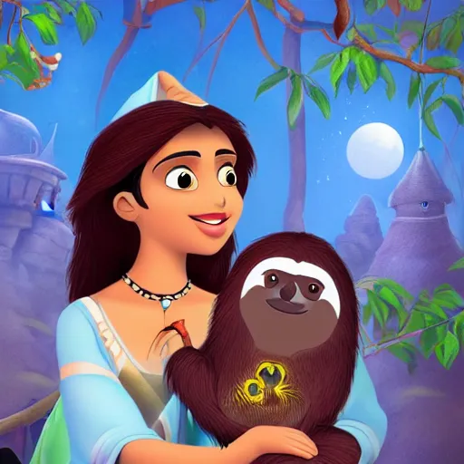 Image similar to a beautiful young indian cottagecore witch holds a cute sloth, disney animation, highly detailed