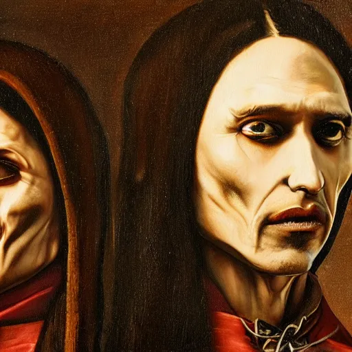 Image similar to the vampires from the show What we do in the shadows oil painting by Leonard Da Vinci ,, ultrarealistic