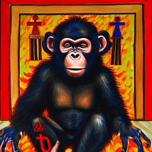 Image similar to portre of an autistic demonic chimpanzee on acid, masonic and kabalistic symbols in background, oil painting