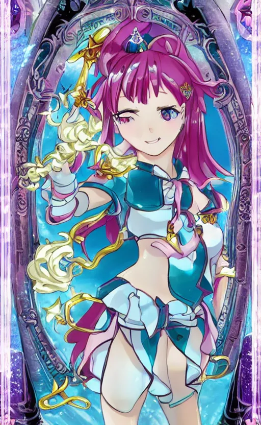 Prompt: Magical girl casting a water type spell inside a castle of trump cards, madoka magica anime style, modern trading card art, symmetrical facial features, realistic anatomy