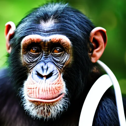 Image similar to a chimpanzee with a pensive look, wearing headphones