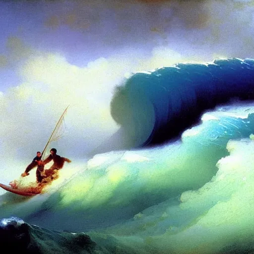 Prompt: Surfing a giant wave, painting by Aivazovsky