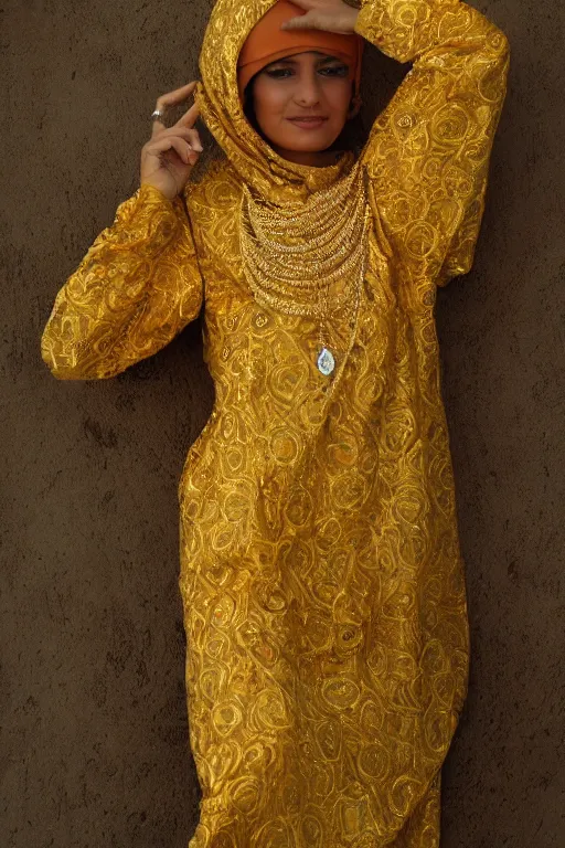 Prompt: arabian woman wearing golden garment, lenhert landrock