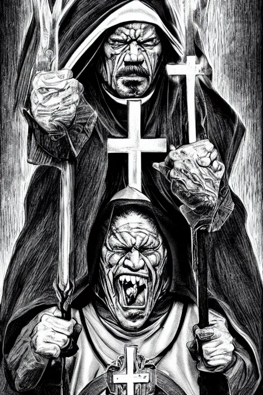 Image similar to Danny Trejo as church nun, dark fantasy, highly detailed, artstation, manga illustration by Kentaro Miura berserk