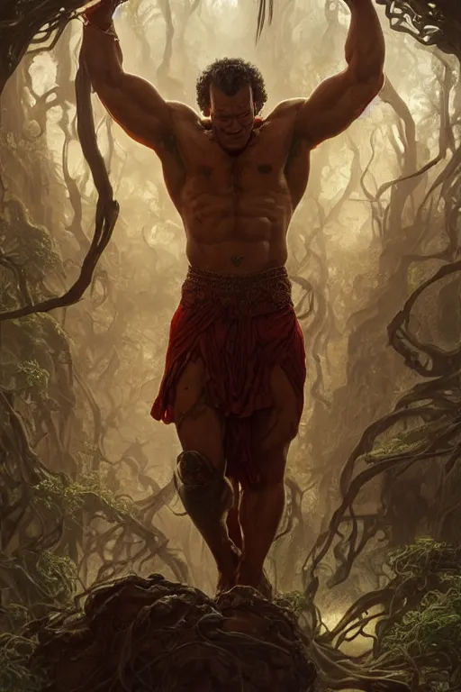 Prompt: portrait of tom hanks as a hulking herculean demon, forest, godlike, full body, fantasy, intricate, elegant, highly detailed, digital painting, artstation, concept art, sharp focus, illustration, art by artgerm and greg rutkowski and alphonse mucha