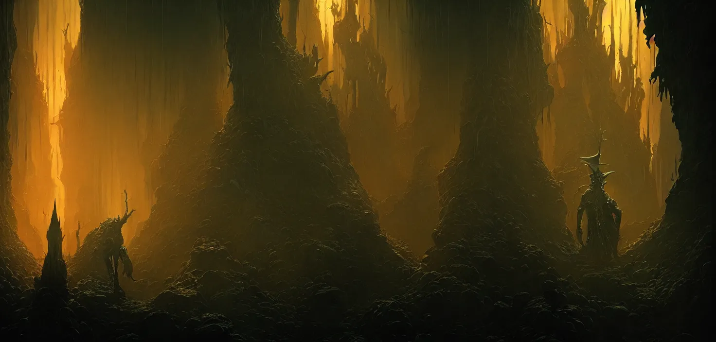 Image similar to wizard in the dark dungeon by denis villeneuve, wayne barlowe, simon birch, marc simonetti, philippe druillet, beeple, bright volumetric sunlight from small windows, rich moody colors, closeup, bokeh