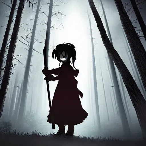 Prompt: Little girl with katana meets werewolf in the woods, spooky, creepy, scary, dark, misty