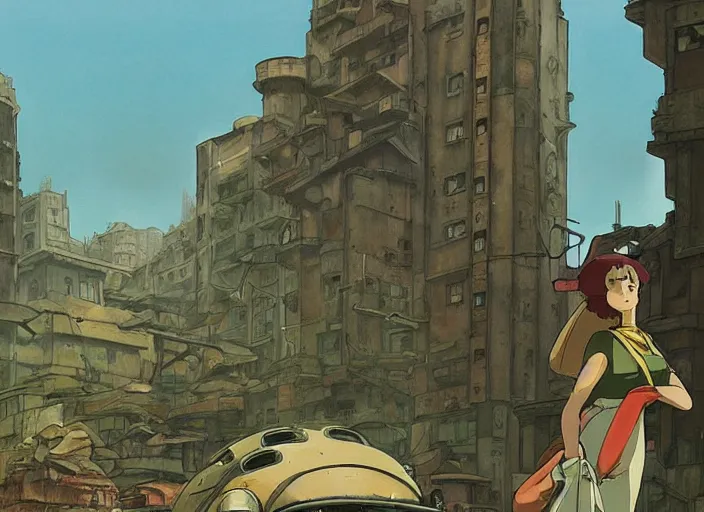 Prompt: a flower on the background of a ruined city, dieselpunk, by Studio Ghibli and Edward Hopper